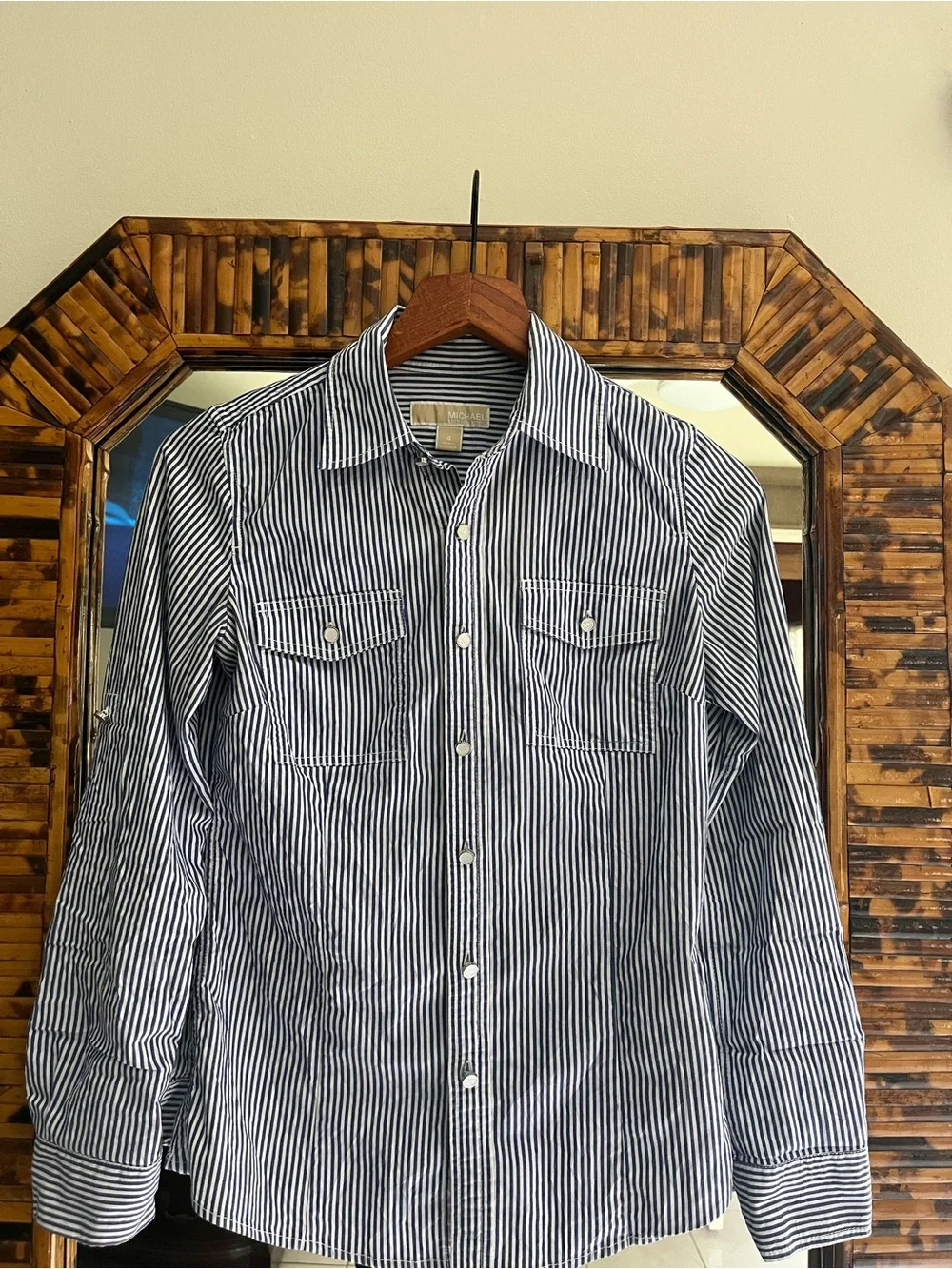 Women’s Navy and White Striped Button-Up Shirt - Classic Casual